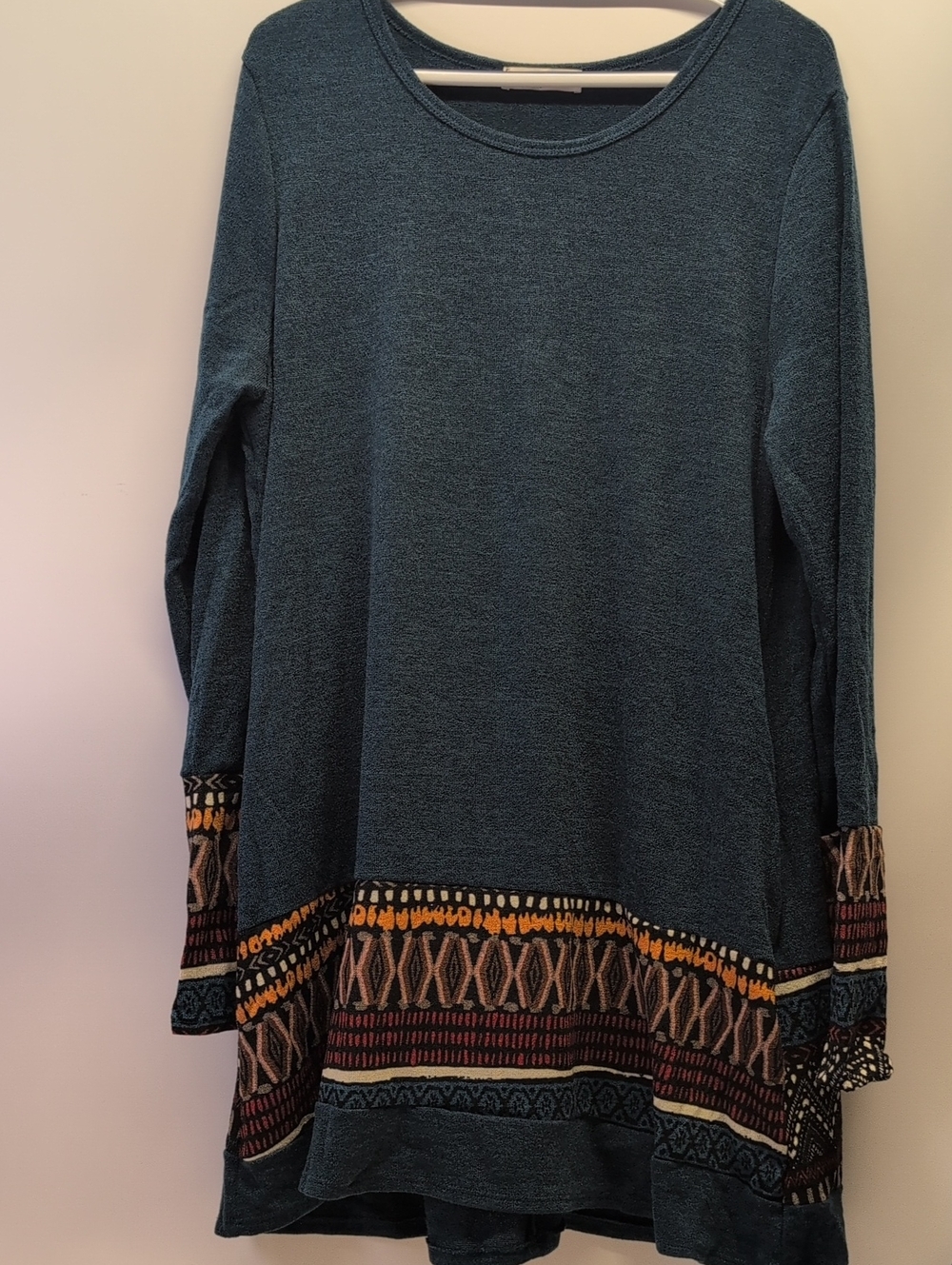 Teal Long-Sleeve Dress with Patterned Hem